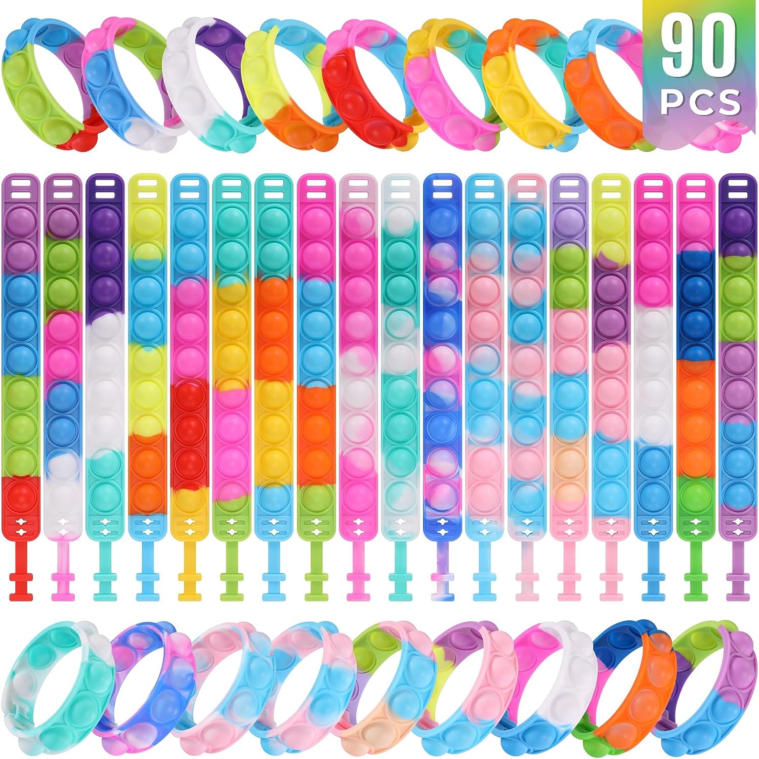 90 Pcs Kids Party Favors Pop Fidget Toys Bulk Its Fidget Bracelet It Birthday Party Favors for Kids Goodie Bags Stuffers Classroom Prizes Bubble Poppers Toddlers Toy for Students Girls Boys Cheap