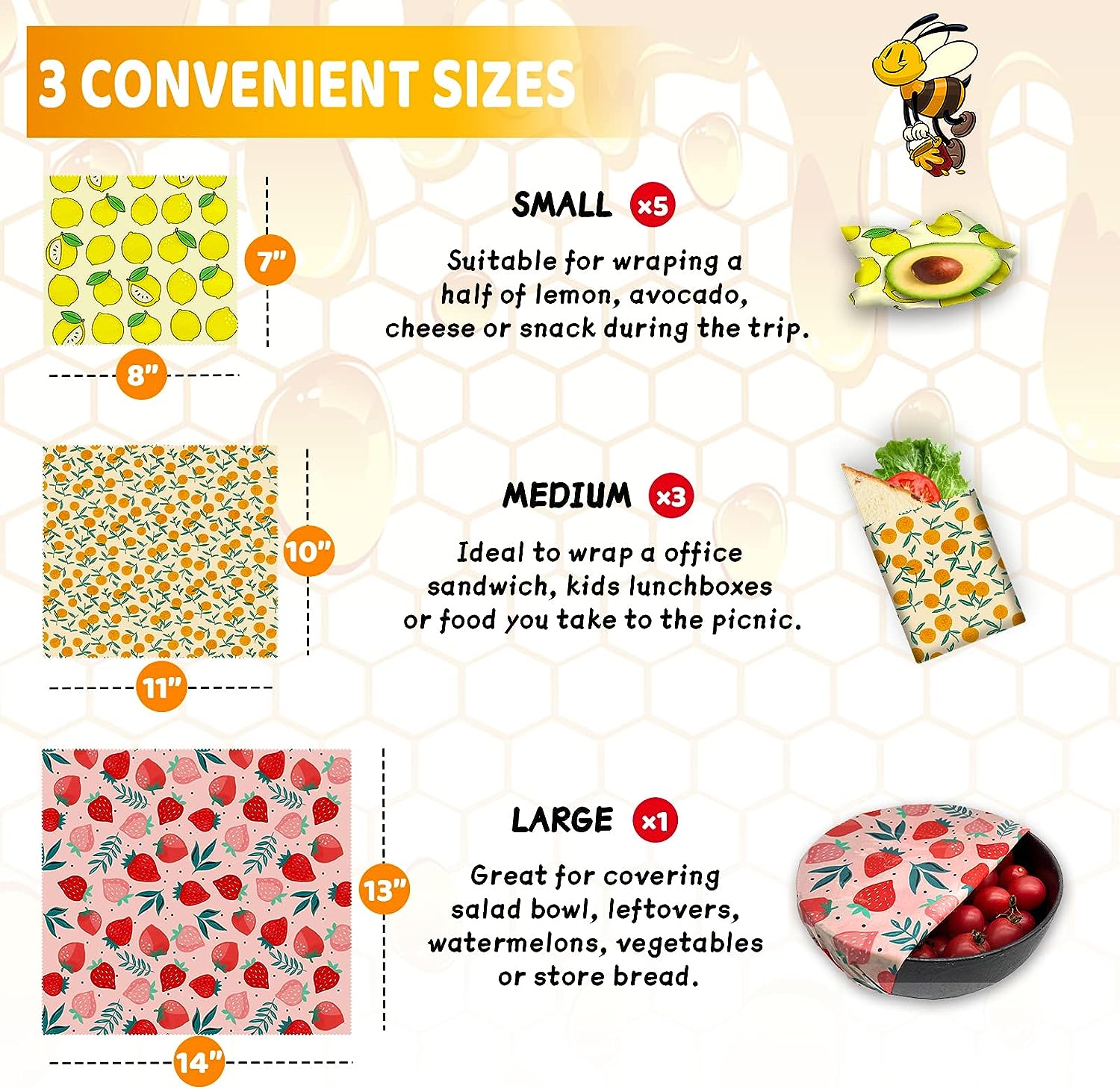 Reusable Beeswax Wrap - 9 Pack Eco-Friendly Beeswax Wraps For Food, Organic, Sustainable, Biodegradable, Zero Waste, Plastic-Free Food Storage, 1L Strawberry, 3M Orange, 5S Lemon Patterns