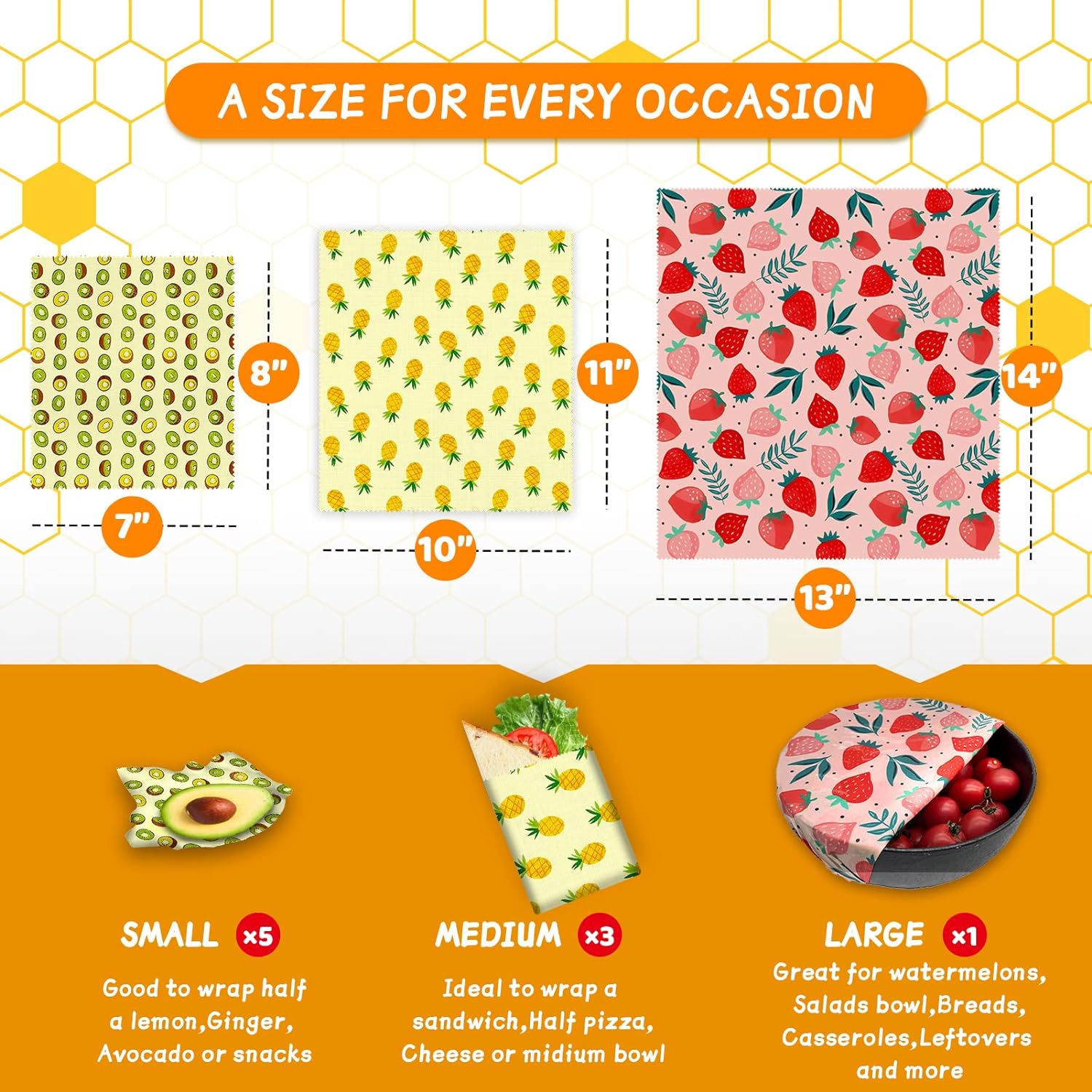 PICcircuit Beeswax Wrap - 9 Pack Eco-Friendly Beeswax Wraps For Food, Organic, Sustainable, Biodegradable, Zero Waste, Reusable Beeswax Food Wrap, 1L Strawberry, 3M Pineapple, 5S Kiwi Fruit Patterns