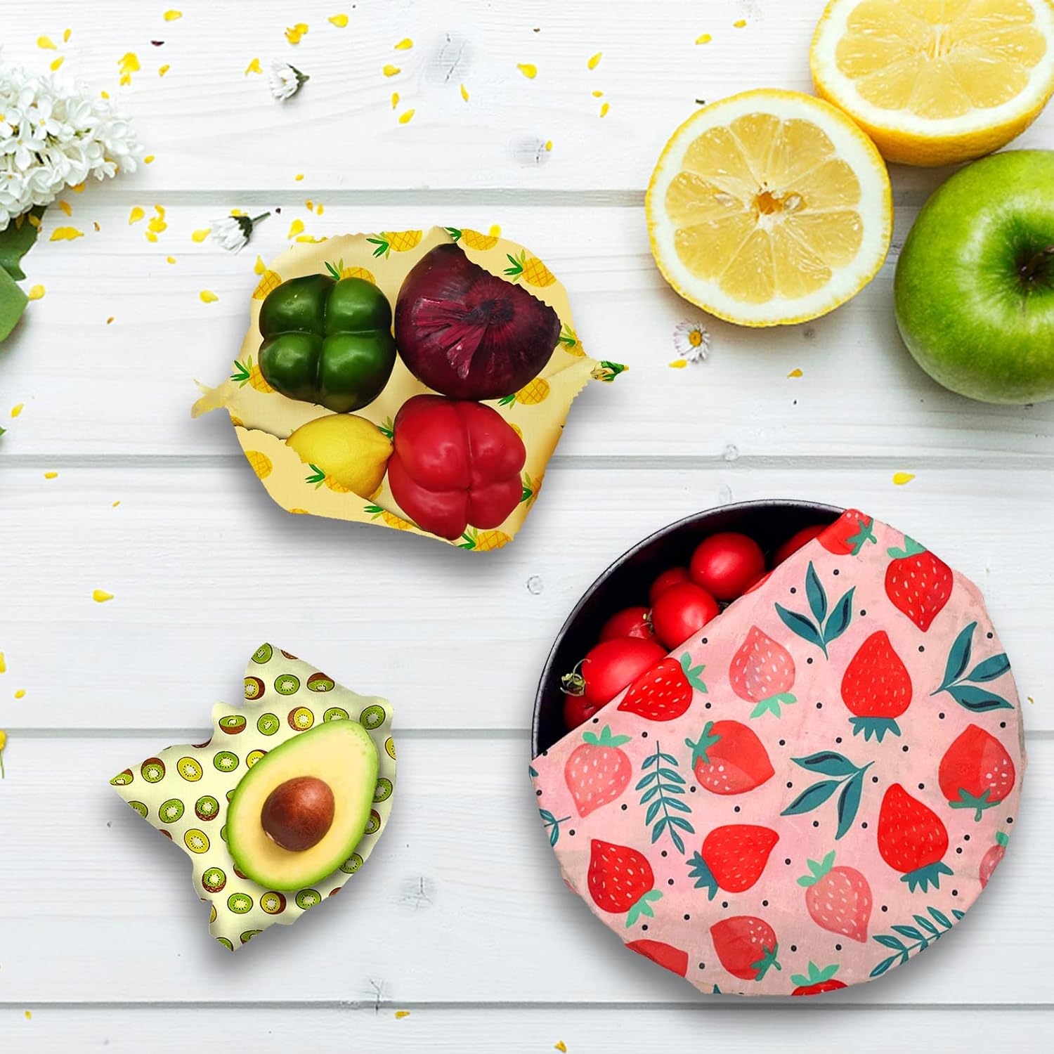 PICcircuit Beeswax Wrap - 9 Pack Eco-Friendly Beeswax Wraps For Food, Organic, Sustainable, Biodegradable, Zero Waste, Reusable Beeswax Food Wrap, 1L Strawberry, 3M Pineapple, 5S Kiwi Fruit Patterns