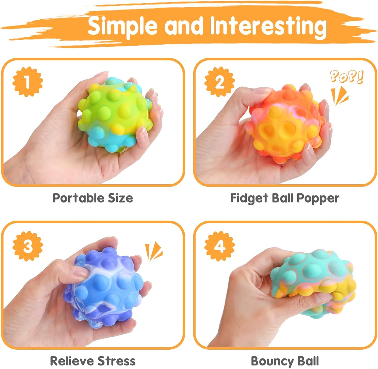 Pop Ball It Fidget Toys 4 Pack Stress Balls for Kids Adults Poppers Its 3D Squeeze Anti-Pressure Pop Balls Push Bubble Its Sensory Toys Squishy Fidget Ball Toddlers Small Toy Popper Stress Relief