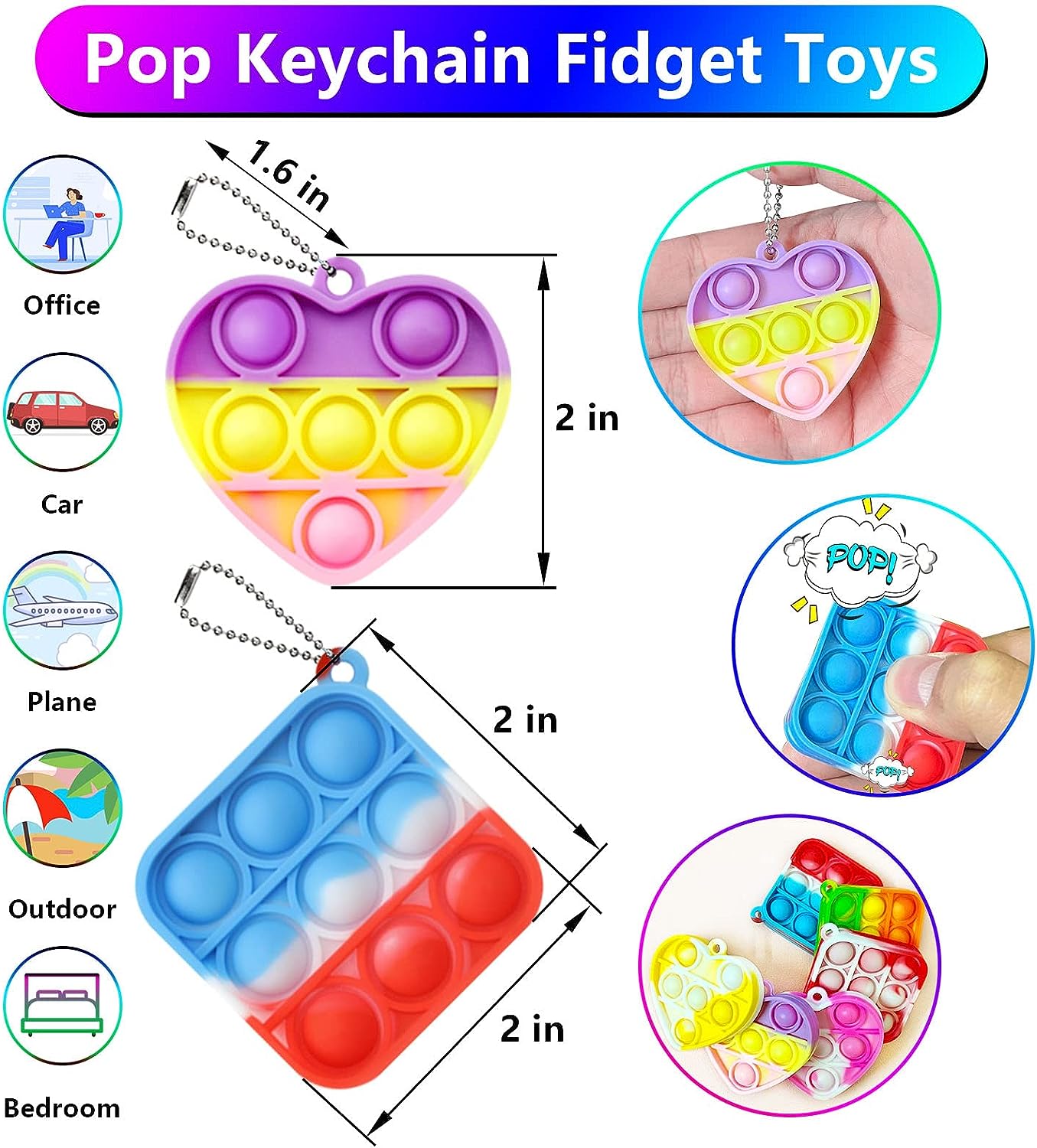 24 Pack Pop Heart Square Keychain It Heart Fidget Toy Kids Party Favors Classroom Prizes Its Push Pops Heart Keychains Bulk Mini Heart Pops Toys for Bos Girls Valentines Day Gifts for Kids Poppers