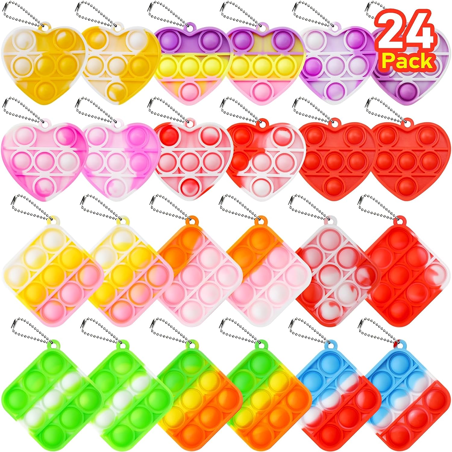 24 Pack Pop Heart Square Keychain It Heart Fidget Toy Kids Party Favors Classroom Prizes Its Push Pops Heart Keychains Bulk Mini Heart Pops Toys for Bos Girls Valentines Day Gifts for Kids Poppers