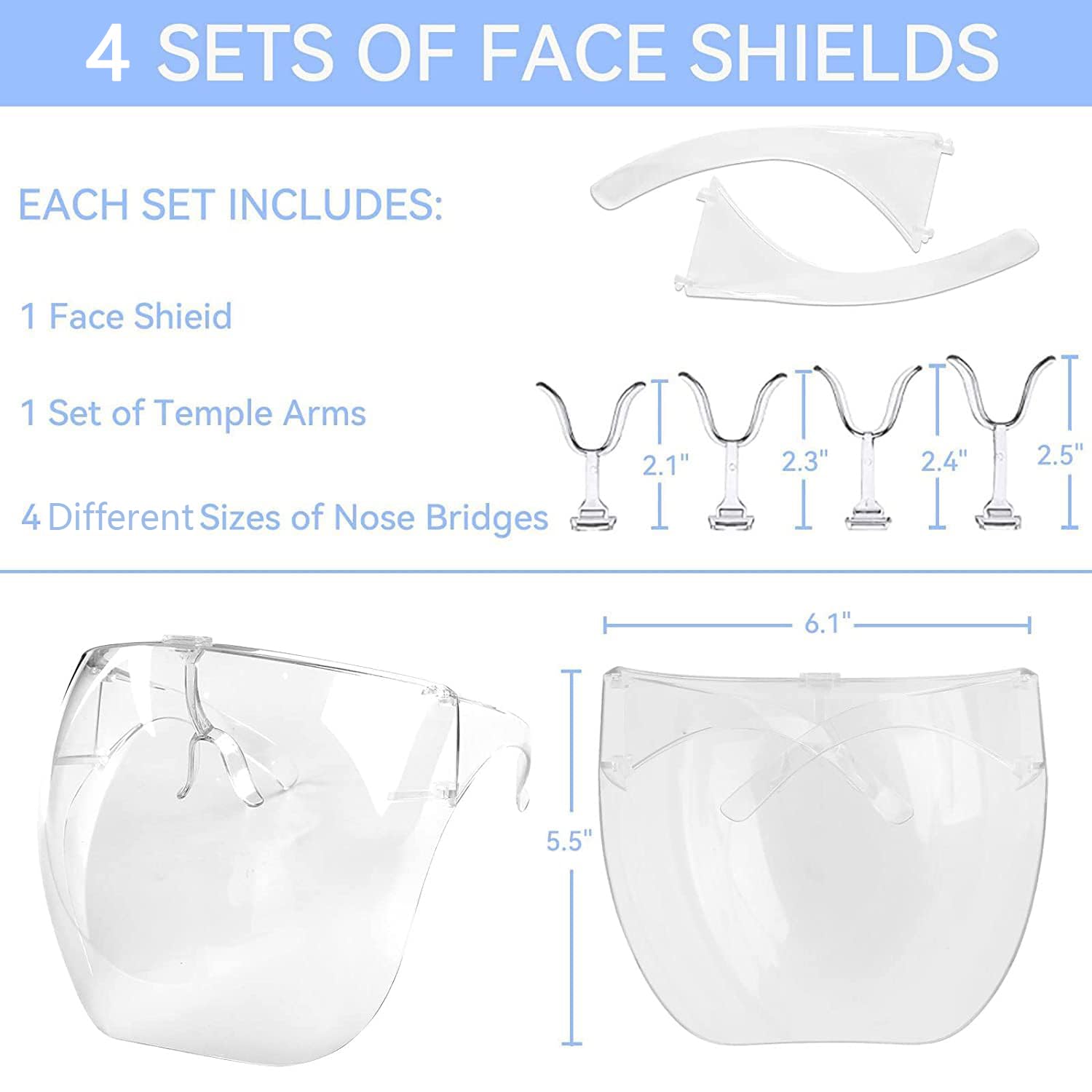 Face Shield with Glasses 4 Pack, Anti -Fog Clear Face Mask Full Face Protection Splash Guard Reusable Breathable See Through Goggles Plastic Working Face Shields Nail Art Tools for Nail Artists